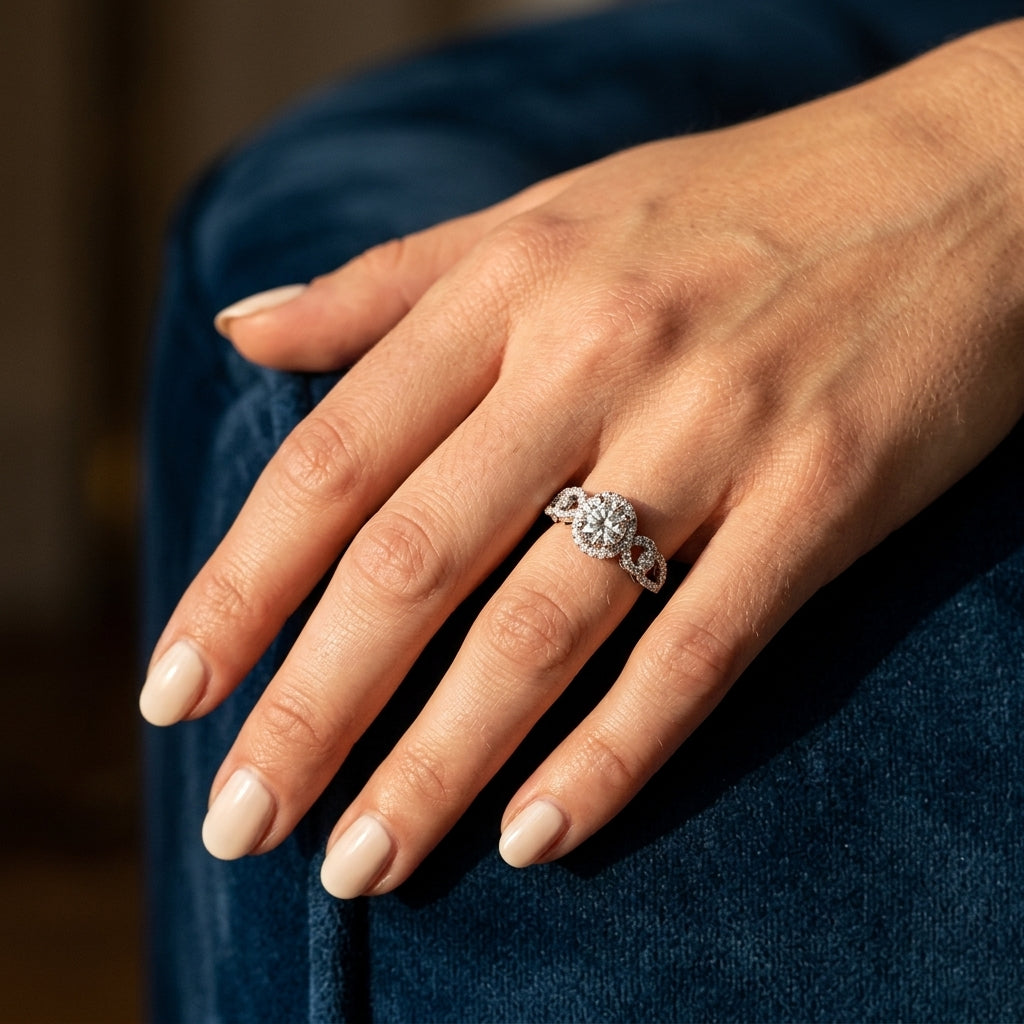 Infinity Halo Engagement Rings - worn lifestyle photo