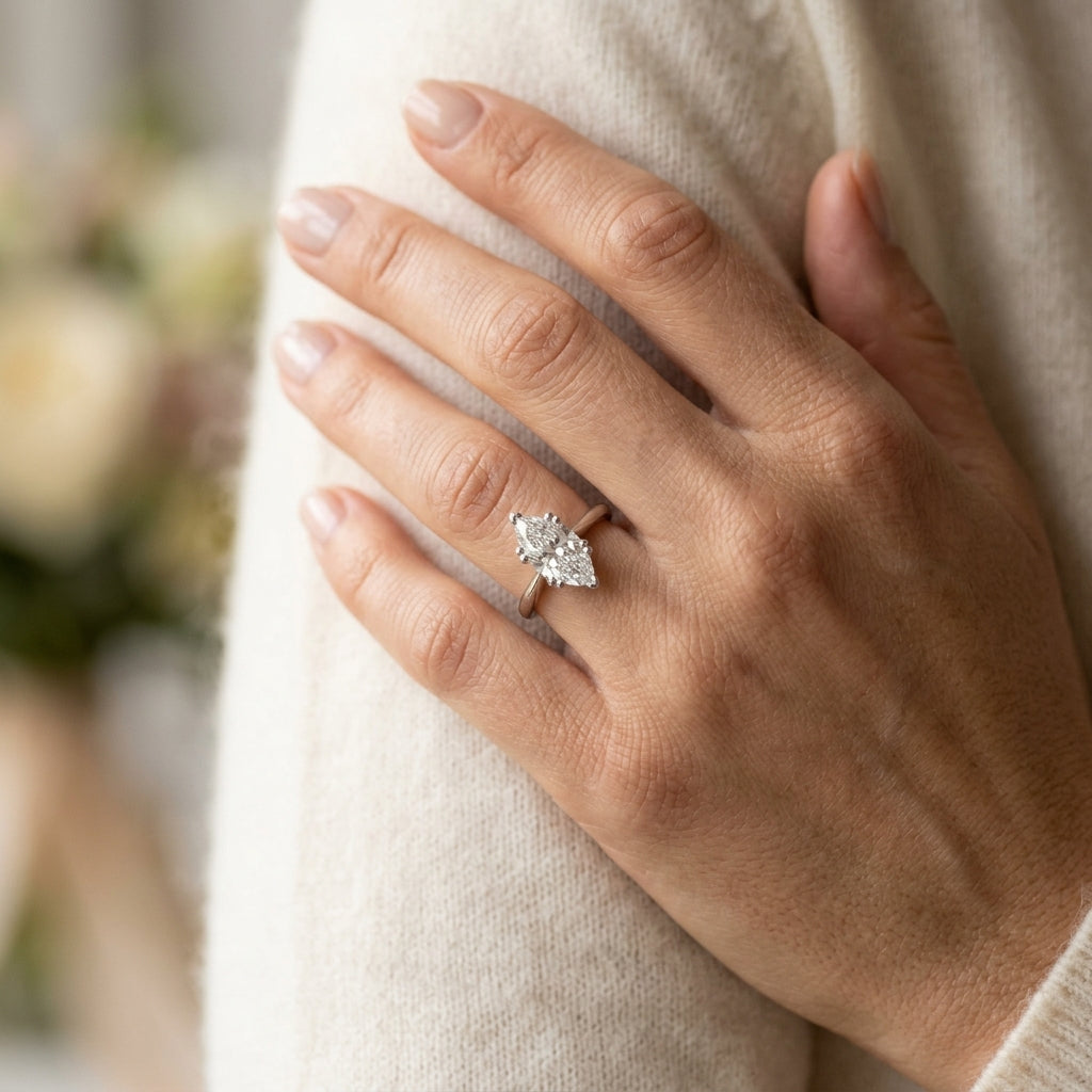 Double Prong Marquise Engagement Ring - worn lifestyle photo