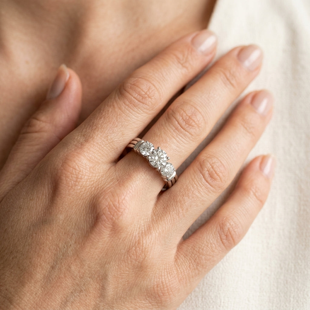 3-Stone Round Engagement Ring - worn lifestyle photo