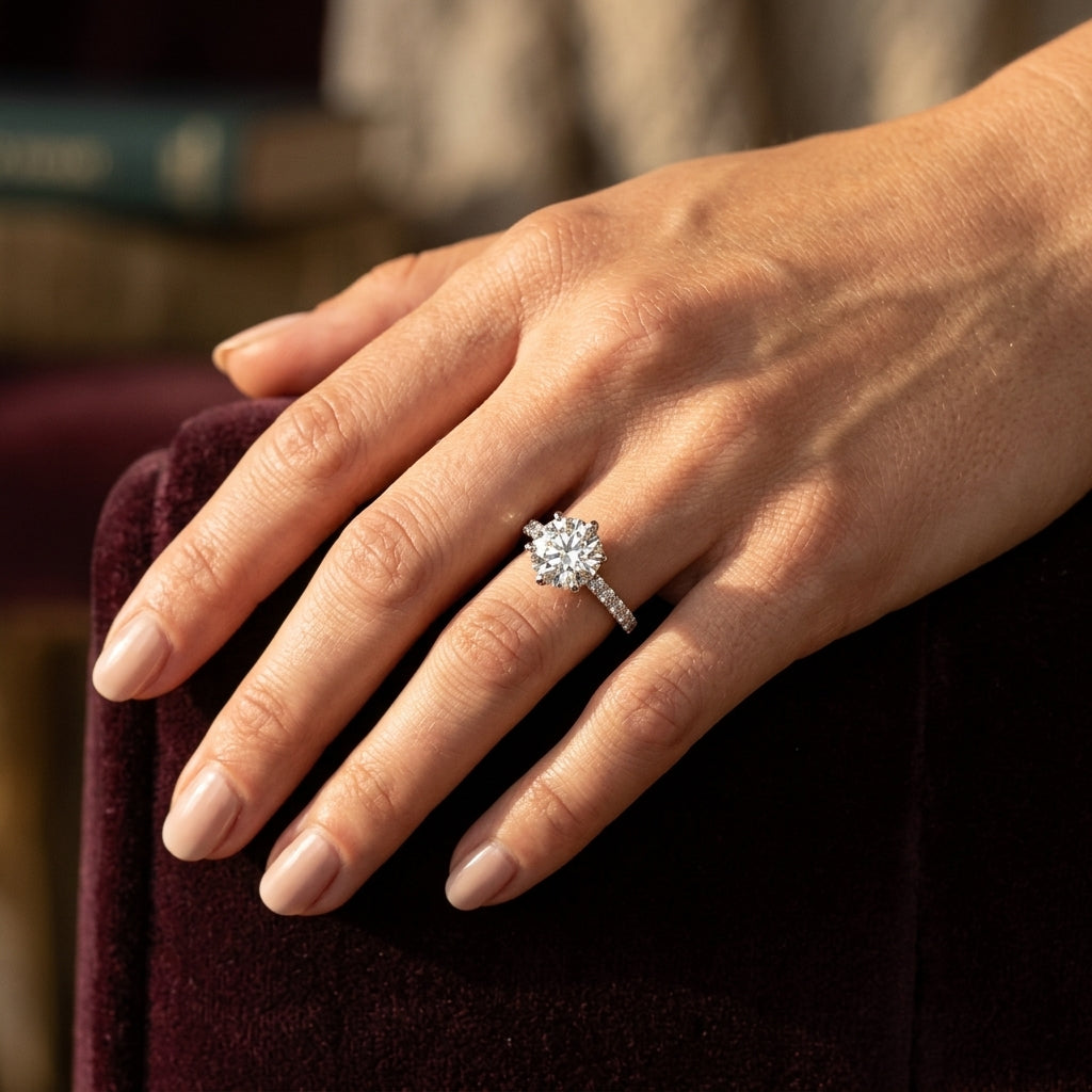 Single Row Prong Engagement Ring - worn lifestyle photo