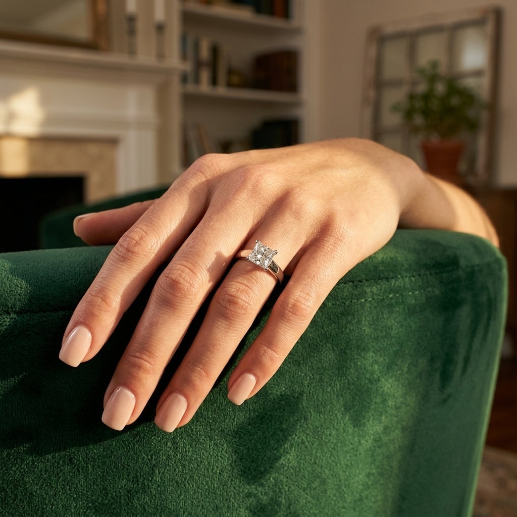 Trellis Princess Cut Solitaire Engagement Ring - worn lifestyle photo