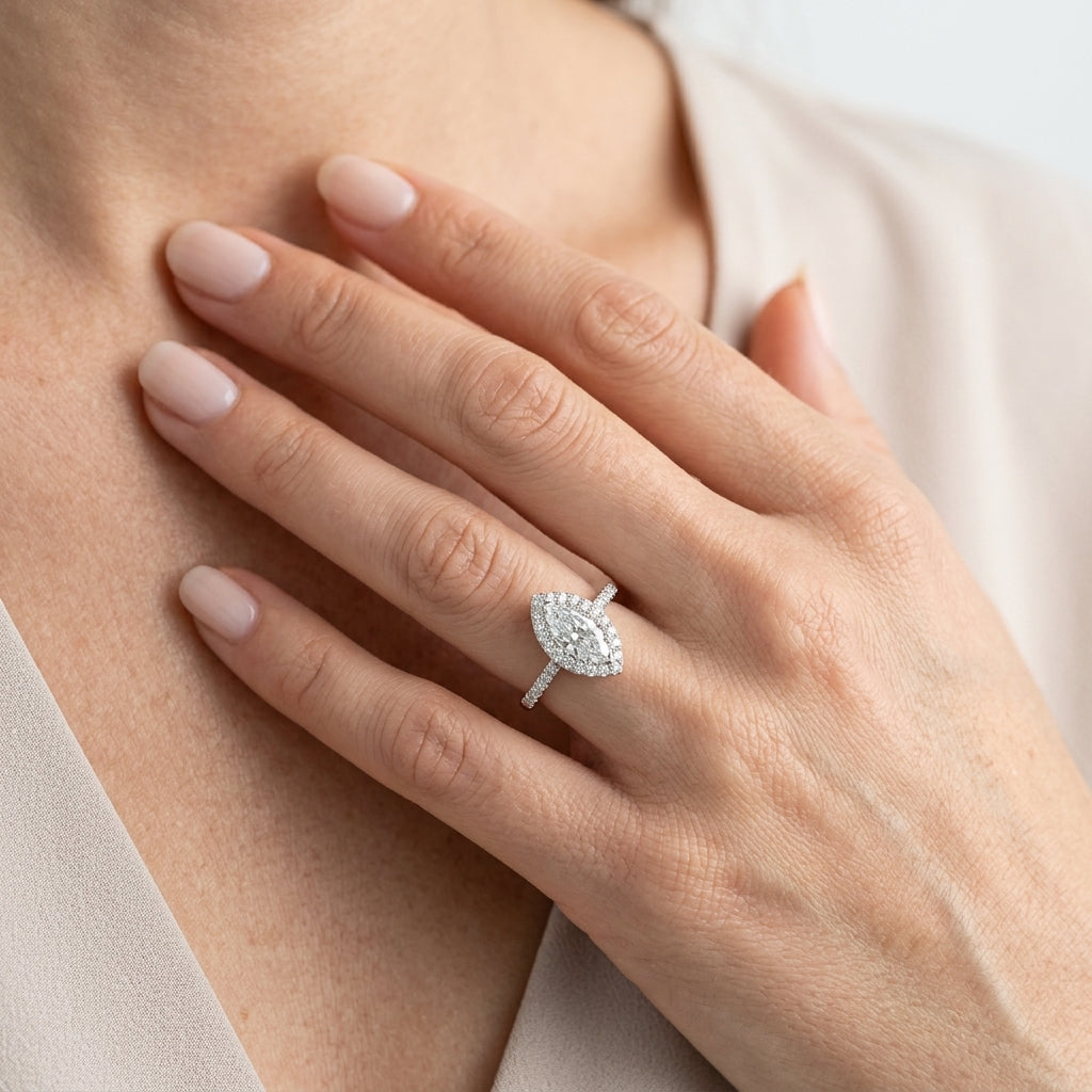 Marquise Halo Engagement Rings - worn lifestyle photo