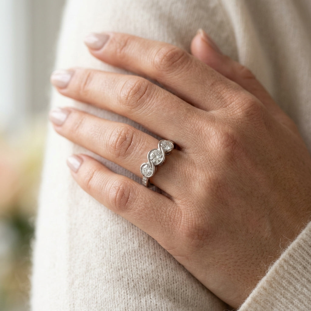 3-Stone Infinity Bezel Set Engagement Ring - worn lifestyle photo