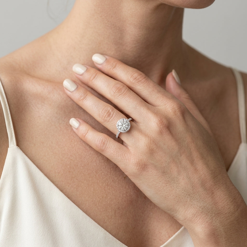 ENGAGEMENT RINGS HALO ROUND - worn lifestyle photo