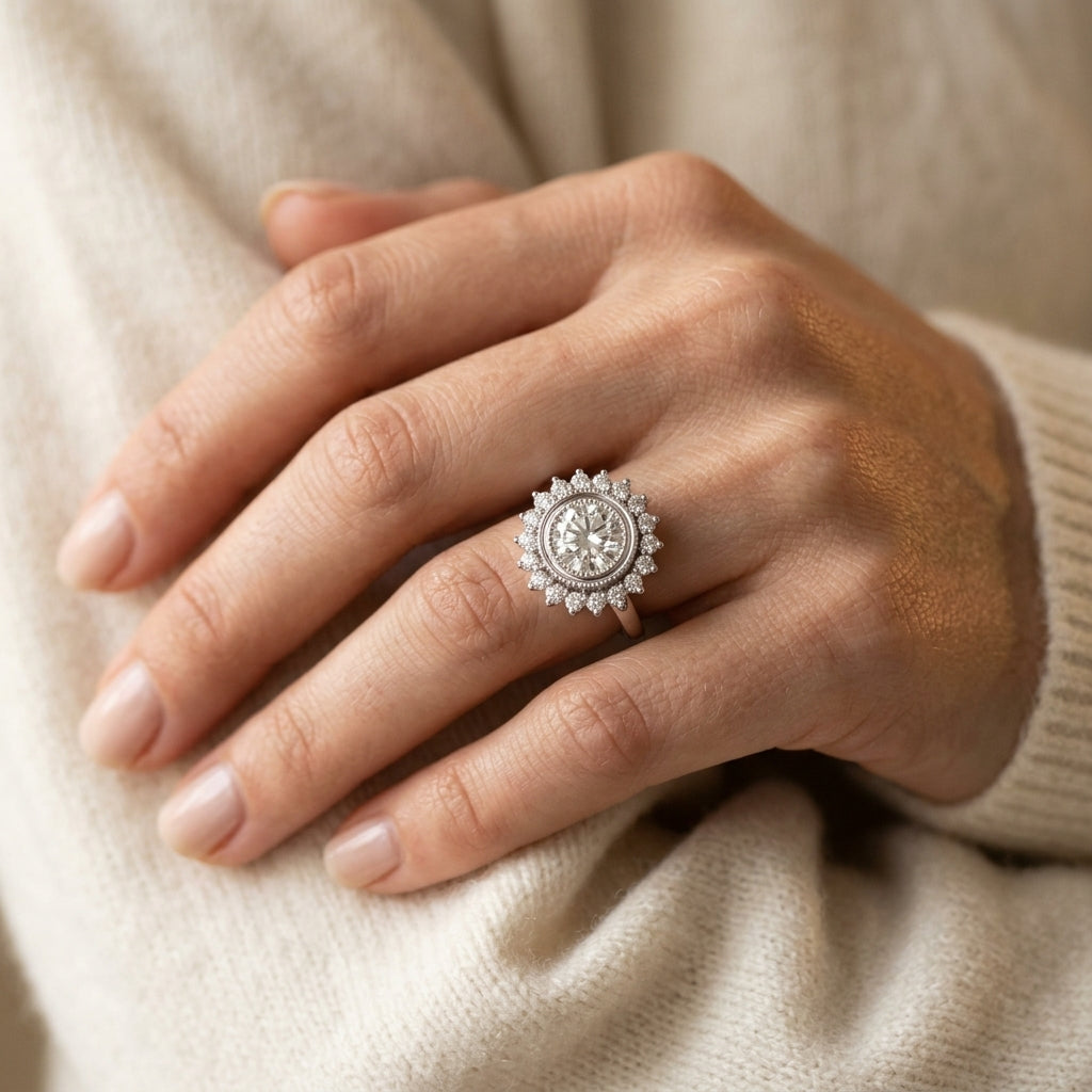 Vintage Halo Bezel Set Engagement Ring - worn lifestyle photo
