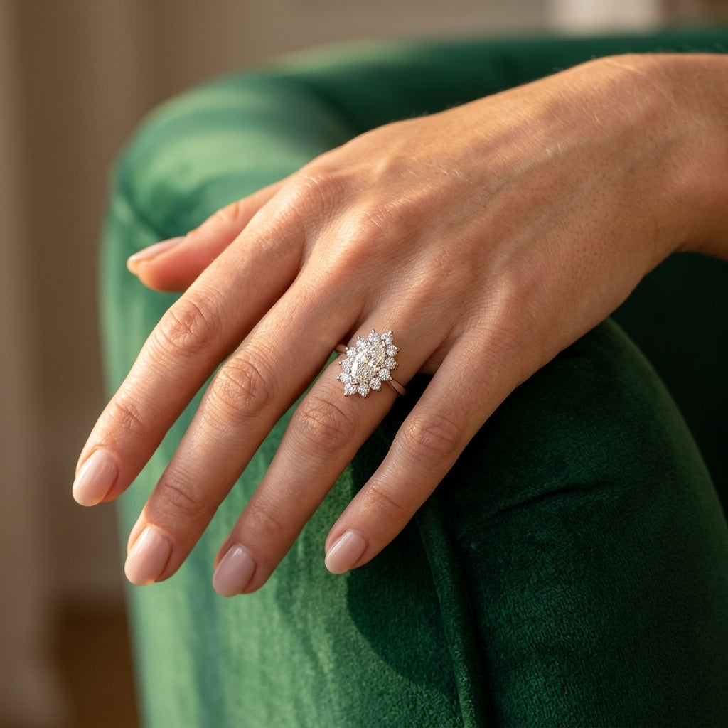 Marquise Halo Engagement Rings - worn lifestyle photo