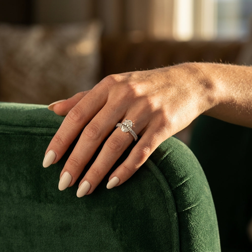 Multirow Pave Set Oval Shape Engagement Rings - worn lifestyle photo