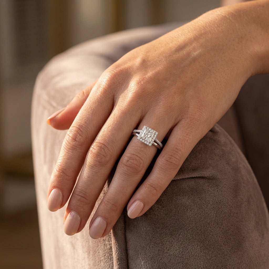 Split Prong Cushion Halo Engagement Rings - worn lifestyle photo