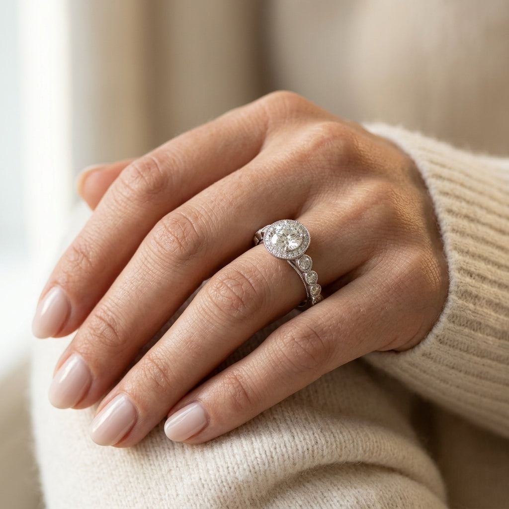 Vintage Infinity Milgrain Halo Engagement Rings - worn lifestyle photo