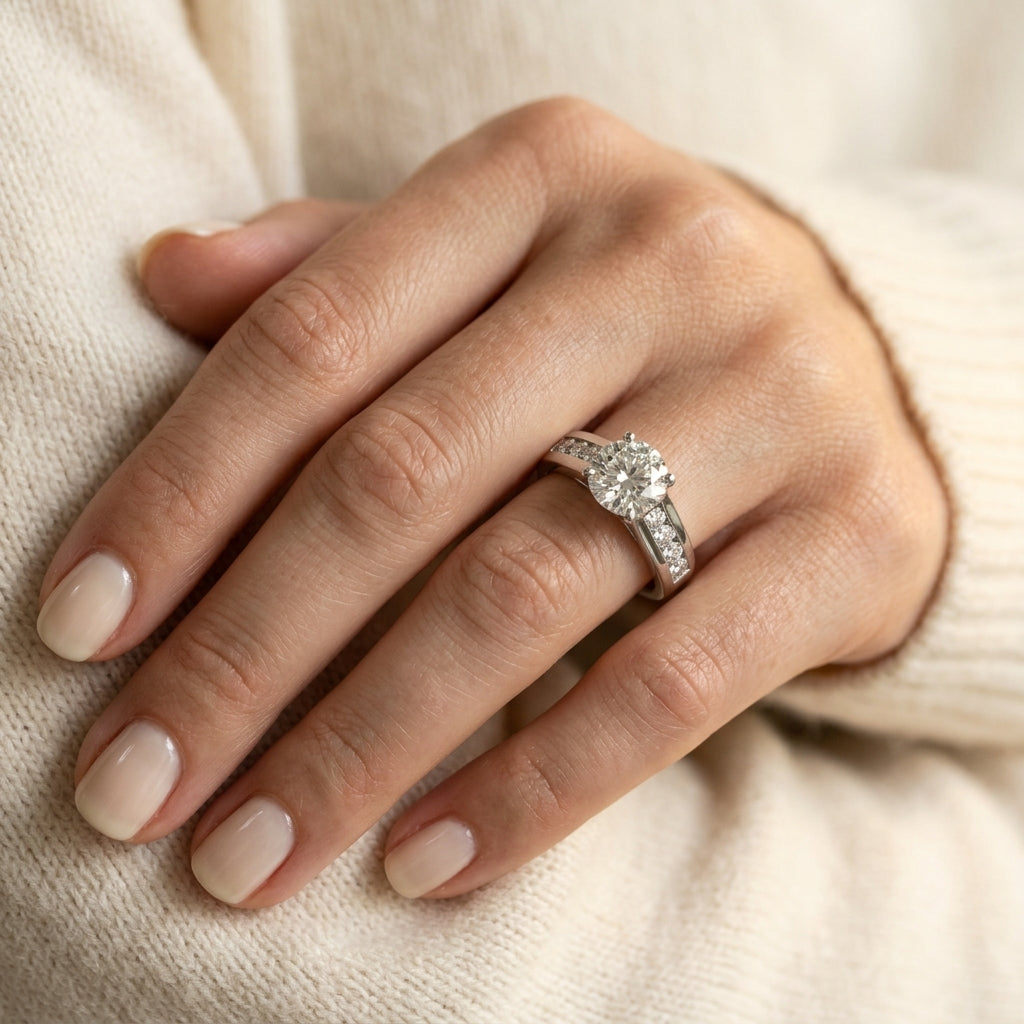 Round Trellis Lab Grown Diamond Engagement Ring - Style 84036 - worn lifestyle photo
