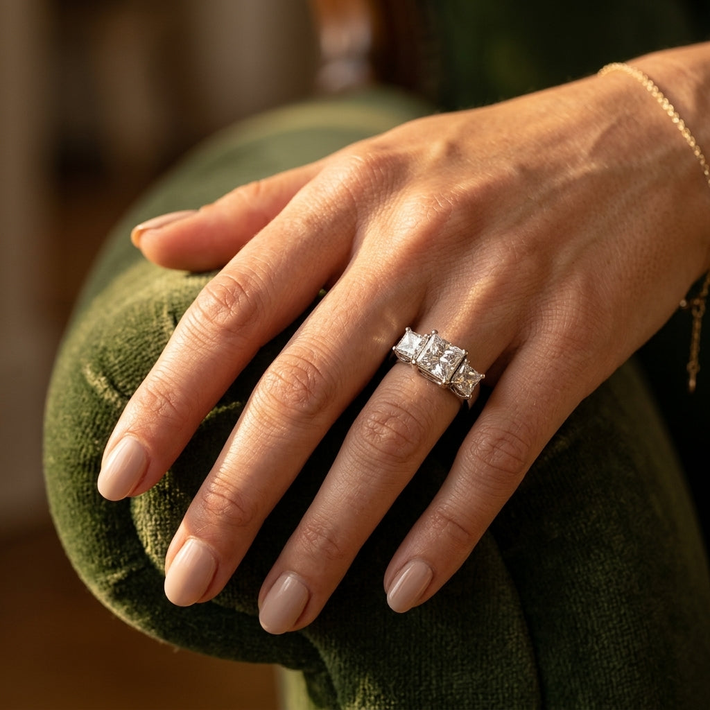 3-Stone Princess Cut Trellis Engagement Ring - worn lifestyle photo