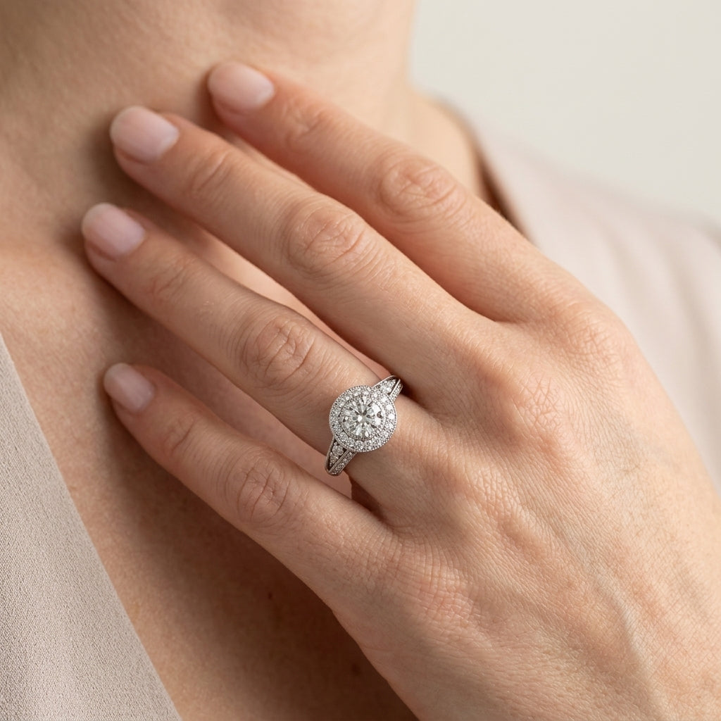 Vintage Inspired Milgrain Round Halo Engagement Ring - worn lifestyle photo