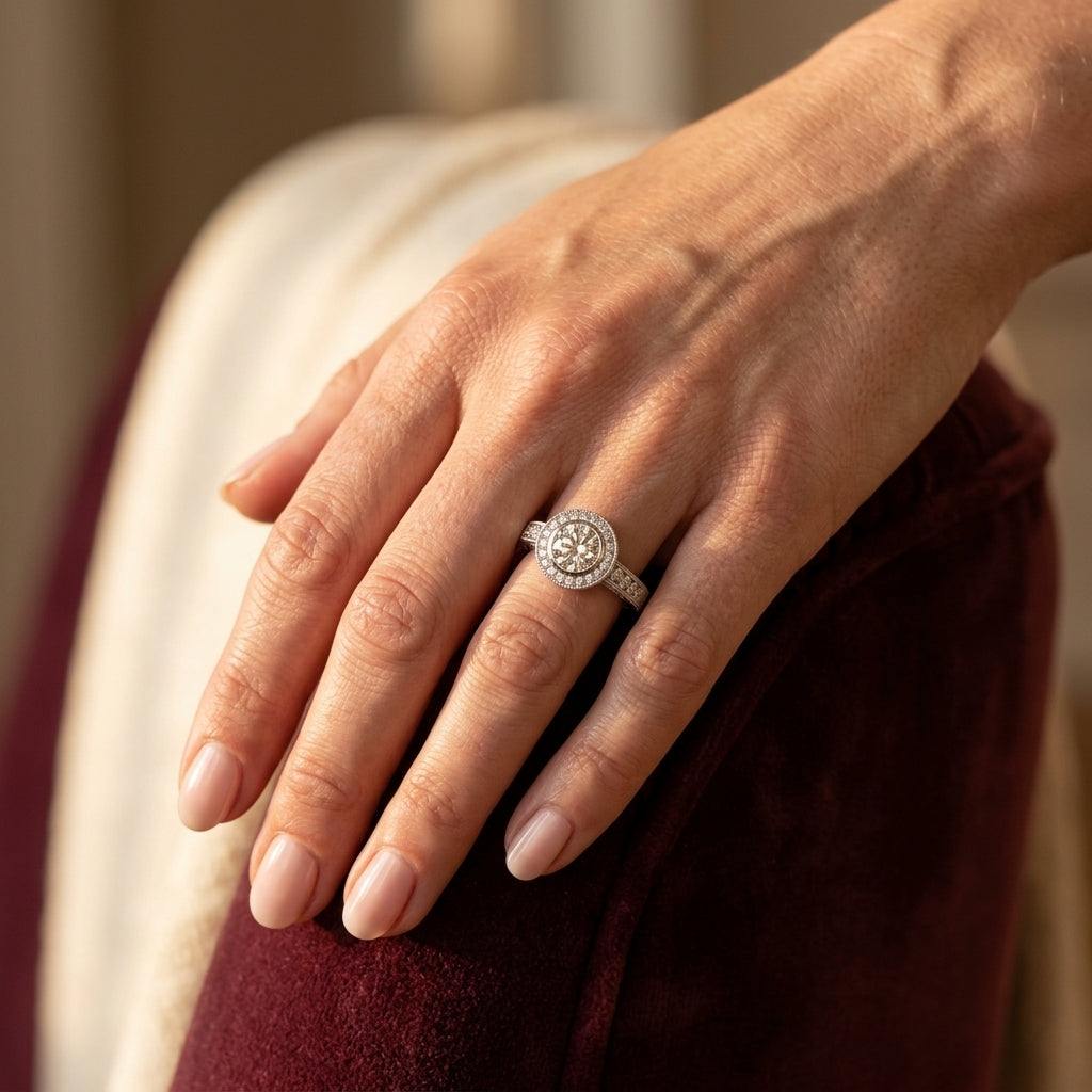 ENGAGEMENT RINGS HALO ROUND - worn lifestyle photo