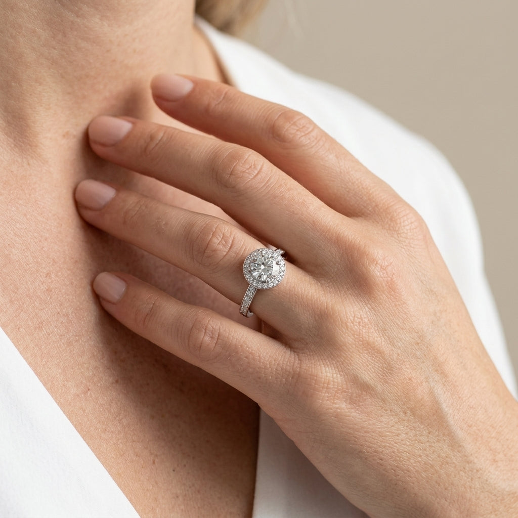 Single Row Halo Bezel Set Engagement Ring - worn lifestyle photo