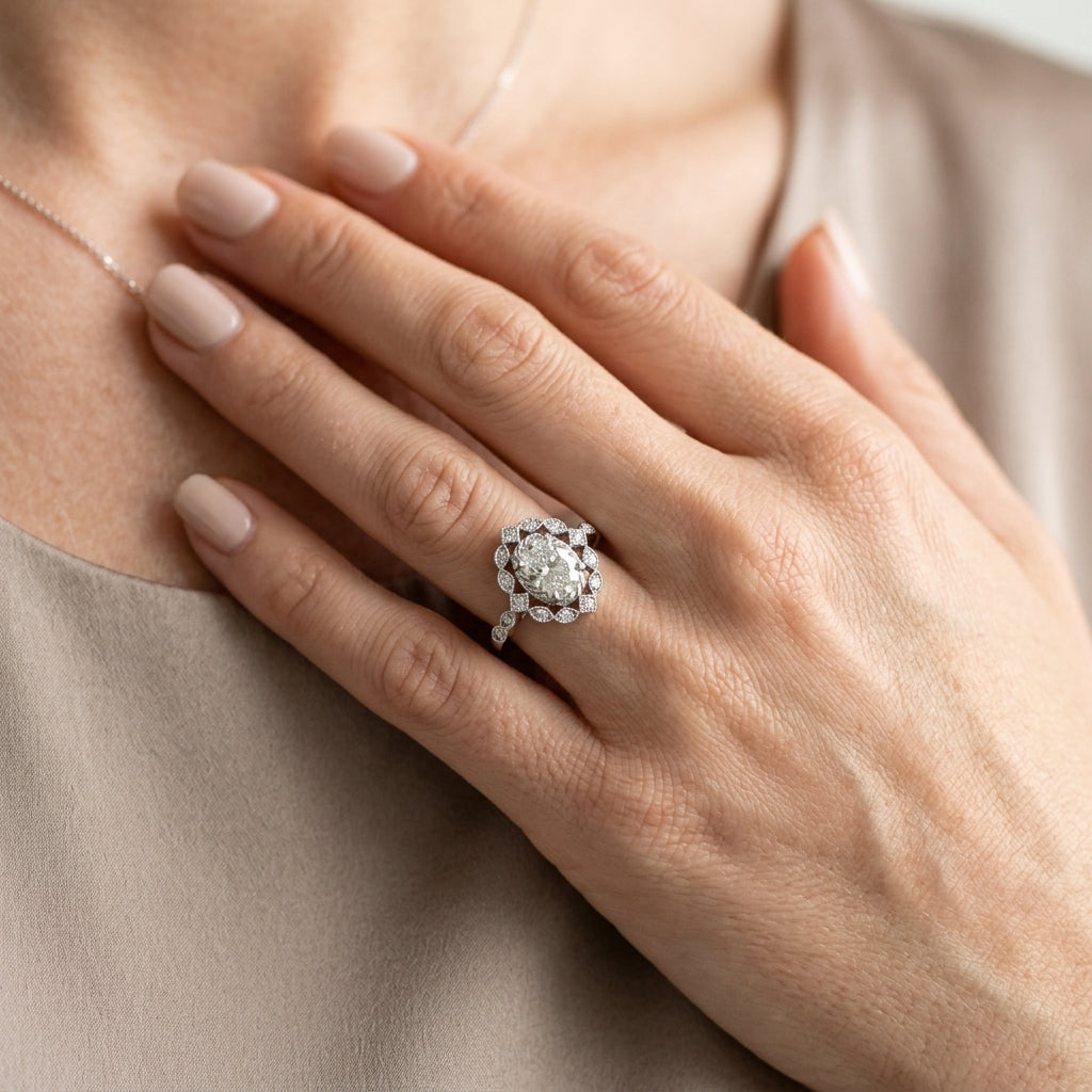 Oval Halo Vintage Engagement Ring - worn lifestyle photo