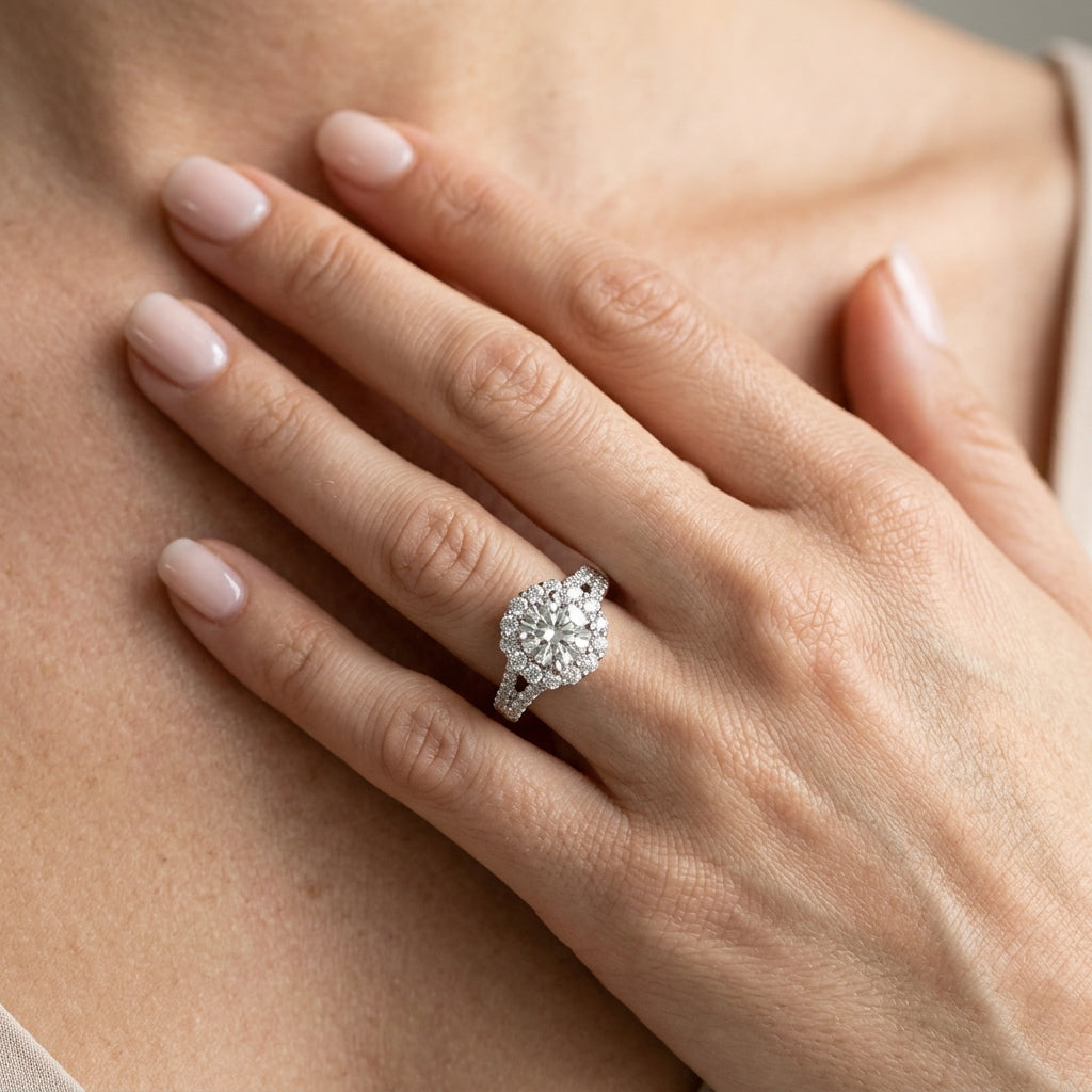 Split Shank Halo Round Engagement Ring - worn lifestyle photo