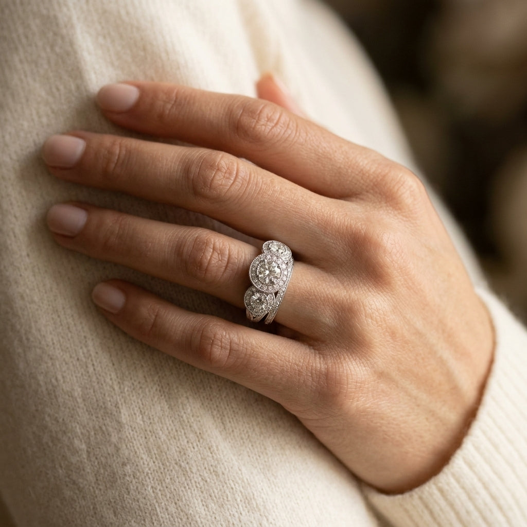 3-Stone Bezel Set Milgrain Halo Engagement Ring - worn lifestyle photo