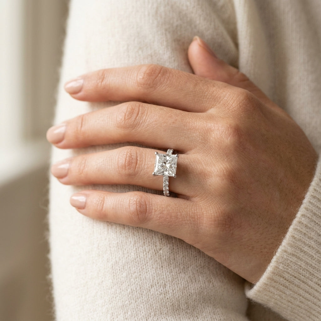 Floral Princess Cut Engagement Ring - worn lifestyle photo