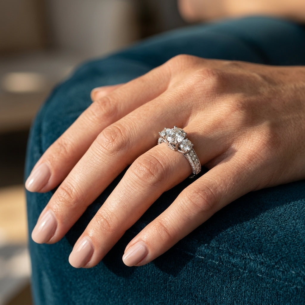 Round 3-Stone Engagement Ring - worn lifestyle photo