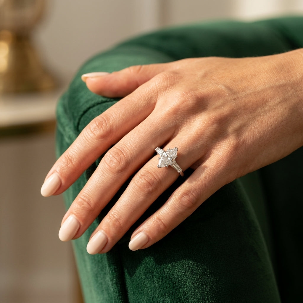 3 STONE RING MQ CTR TB SIDES - worn lifestyle photo