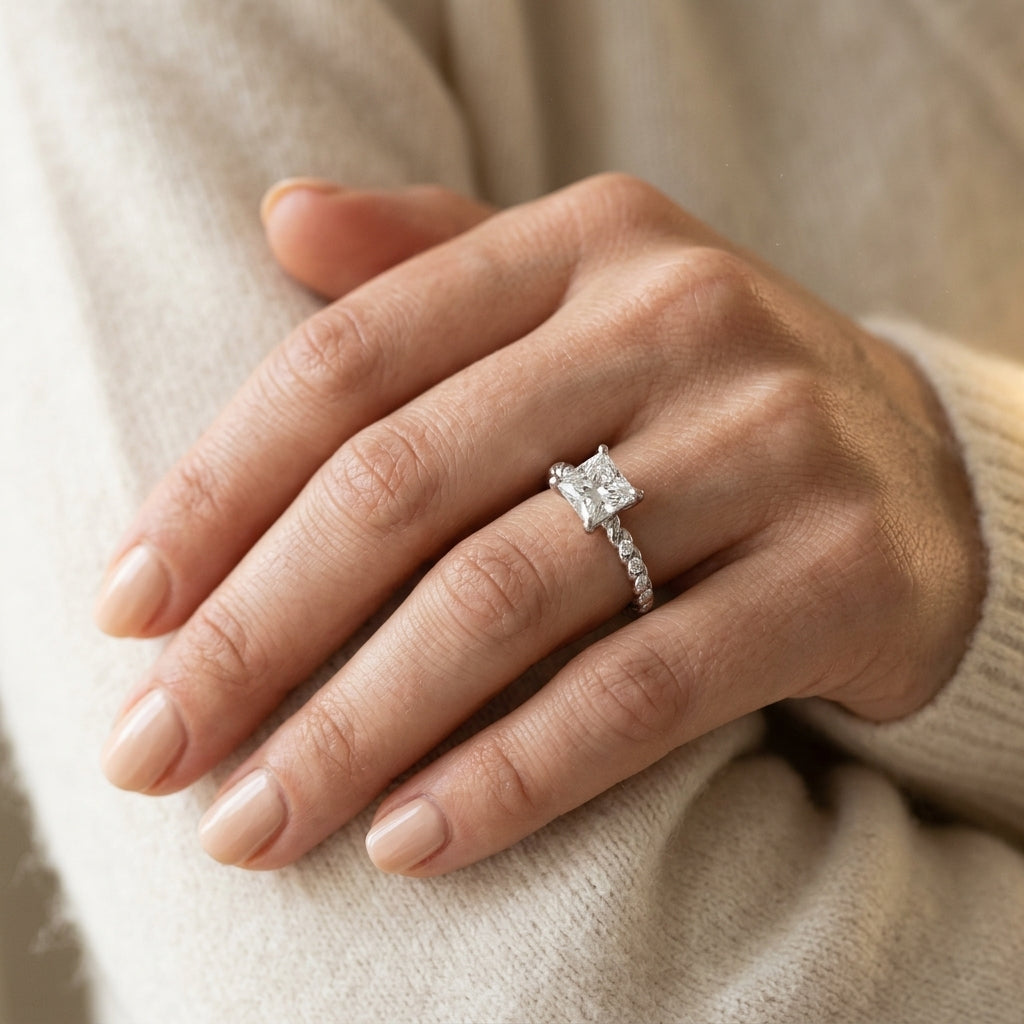Braided Shank Princess Cut Engagement Ring - worn lifestyle photo