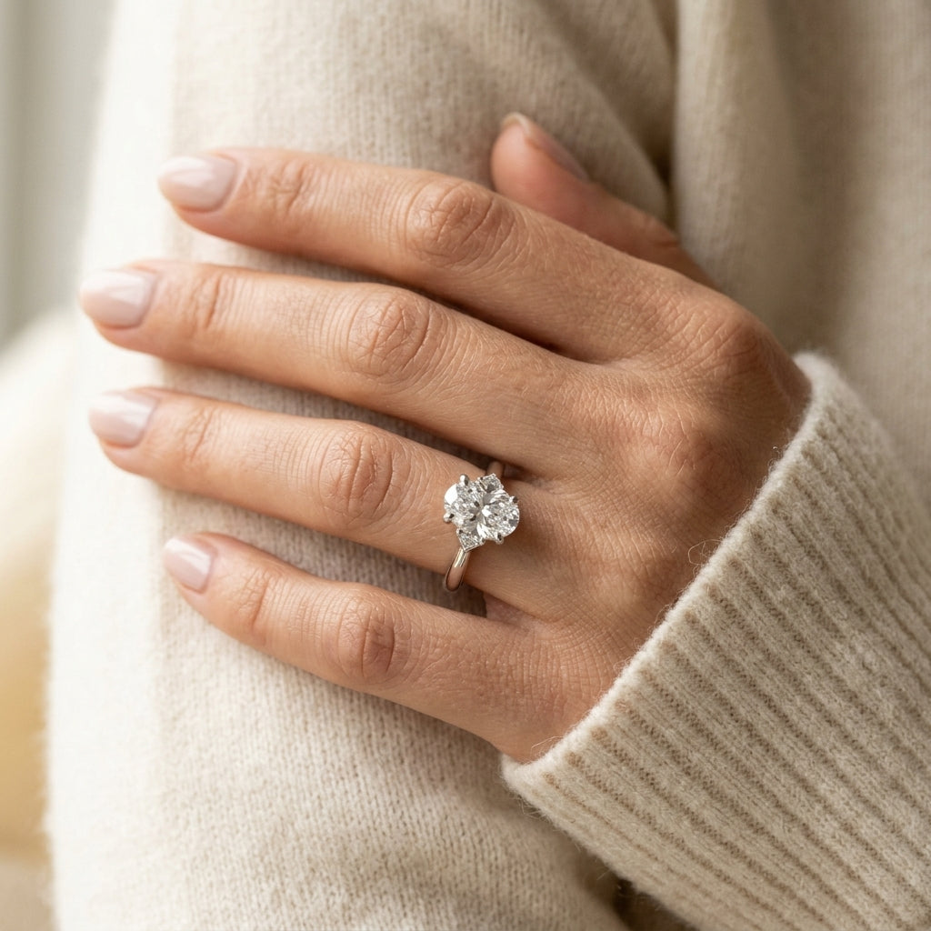 DOUBLE PRONG OV ENGAGEMENT RING - worn lifestyle photo
