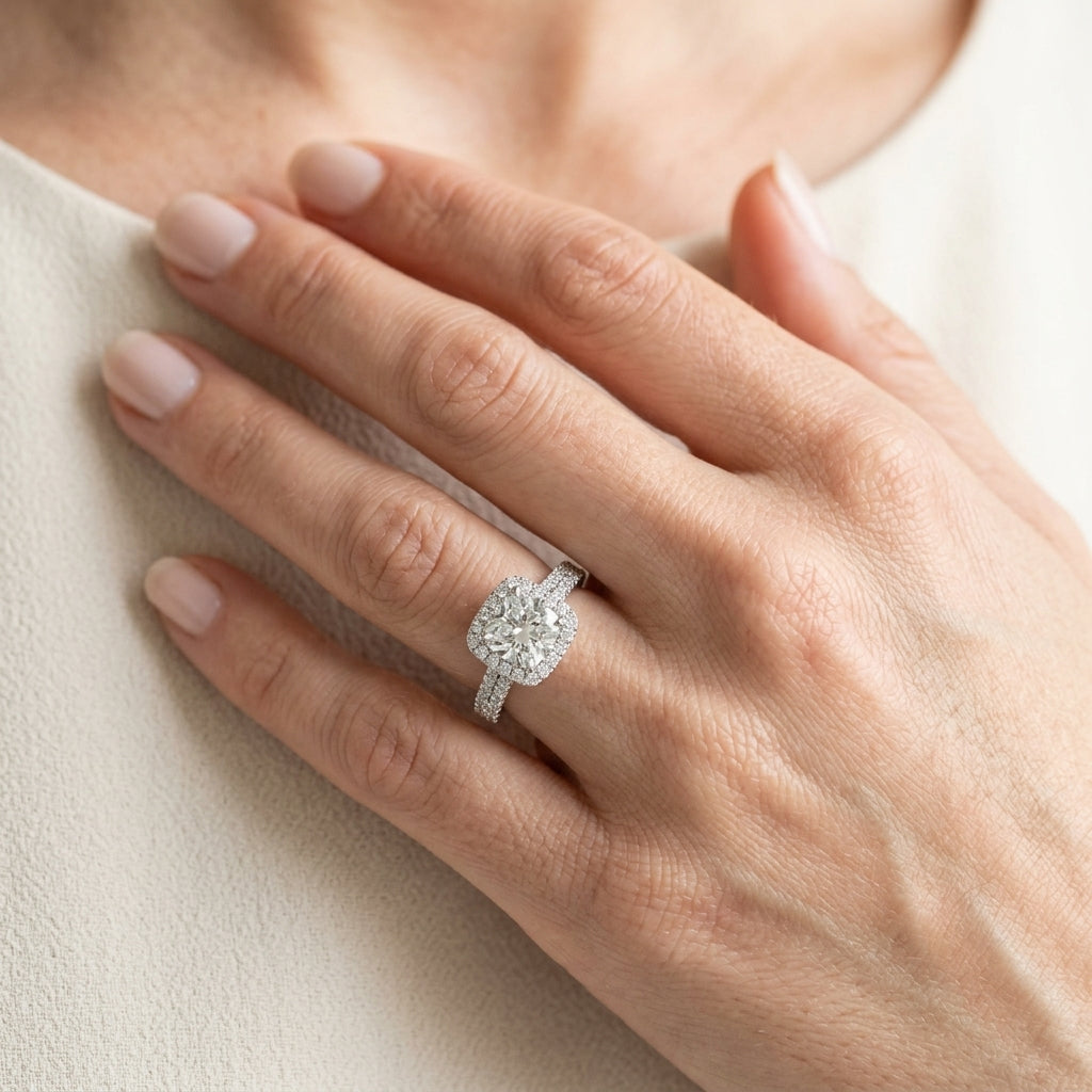 Multirow Pavé Cushion Halo Engagement Ring - worn lifestyle photo