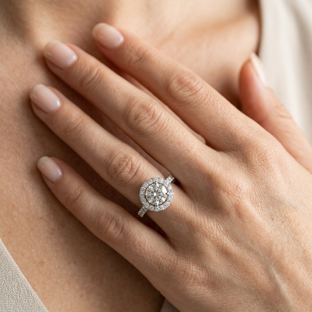 Single Row Halo Round Engagement Ring - worn lifestyle photo