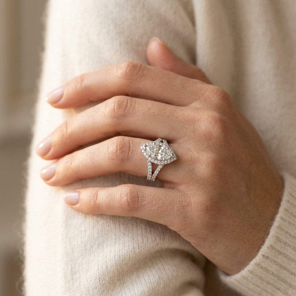 Split Shank Marquise Halo Engagement Ring - worn lifestyle photo