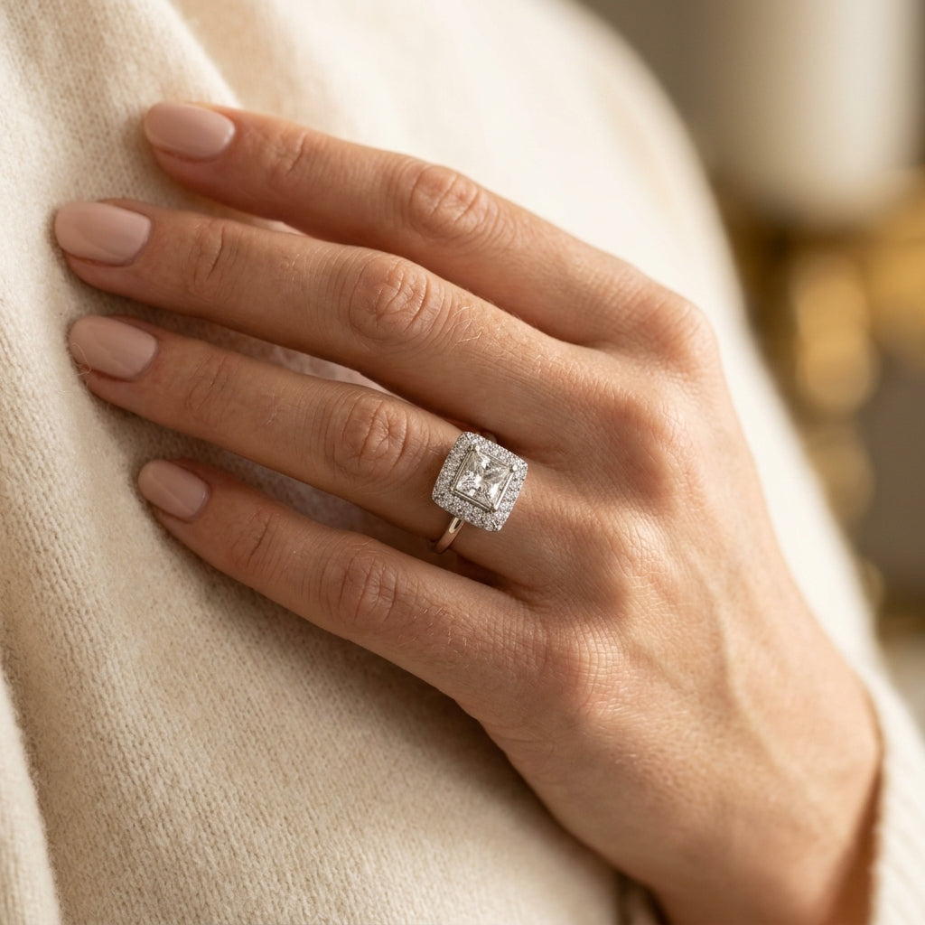 ENGAGEMENT RINGS HALO SQUARE & CUS - worn lifestyle photo
