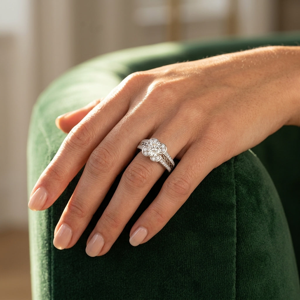 ENGAGEMENT RINGS HALO ROUND - worn lifestyle photo