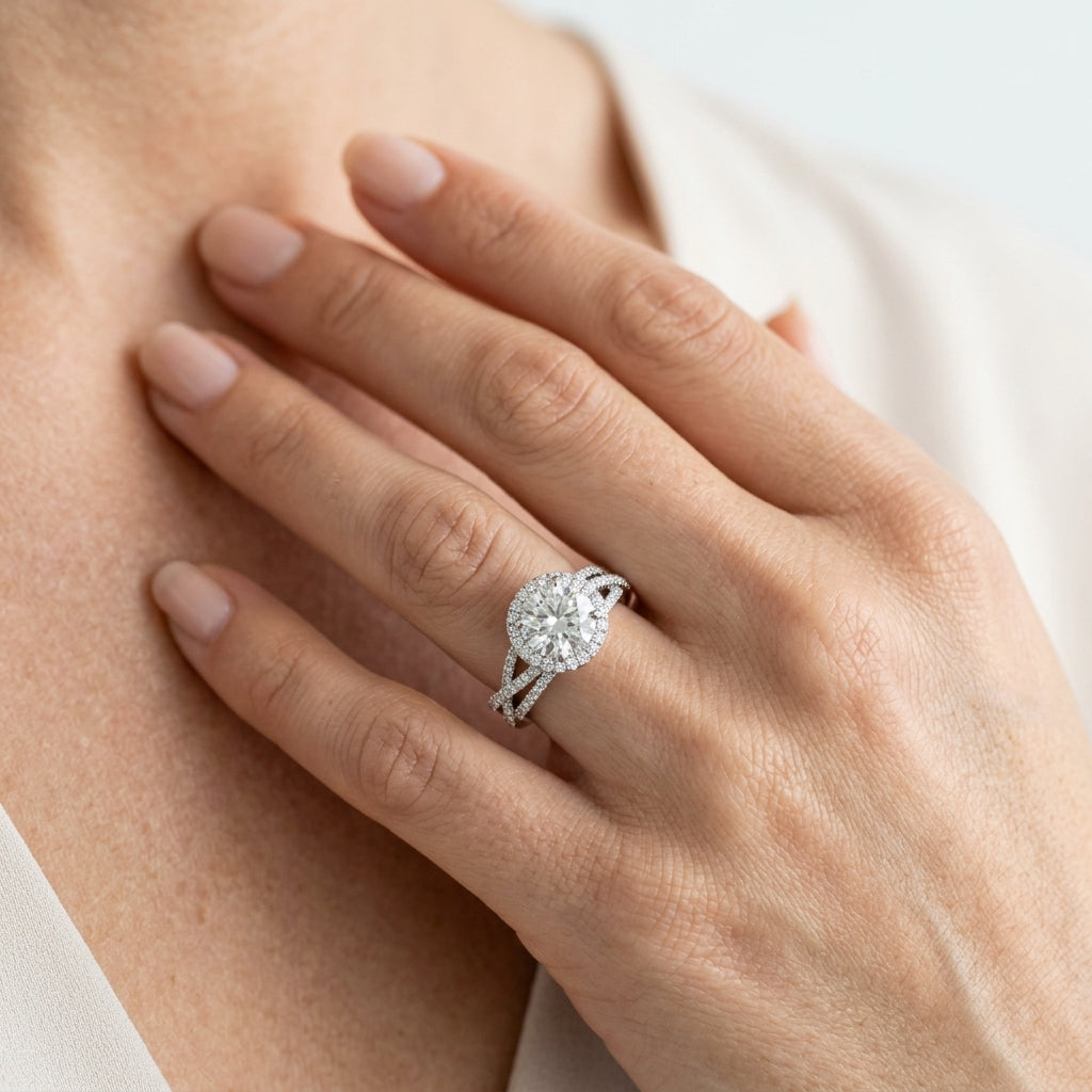 Round Lab Grown Diamond Engagement Ring - Style 51016 - worn lifestyle photo