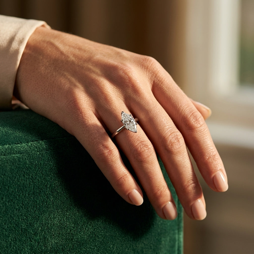 6-Prong Solitaire Marquise Engagement Ring - worn lifestyle photo