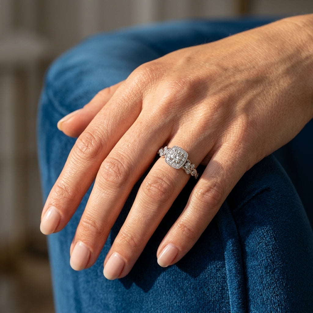 Vintage Style Halo Engagement Rings - worn lifestyle photo