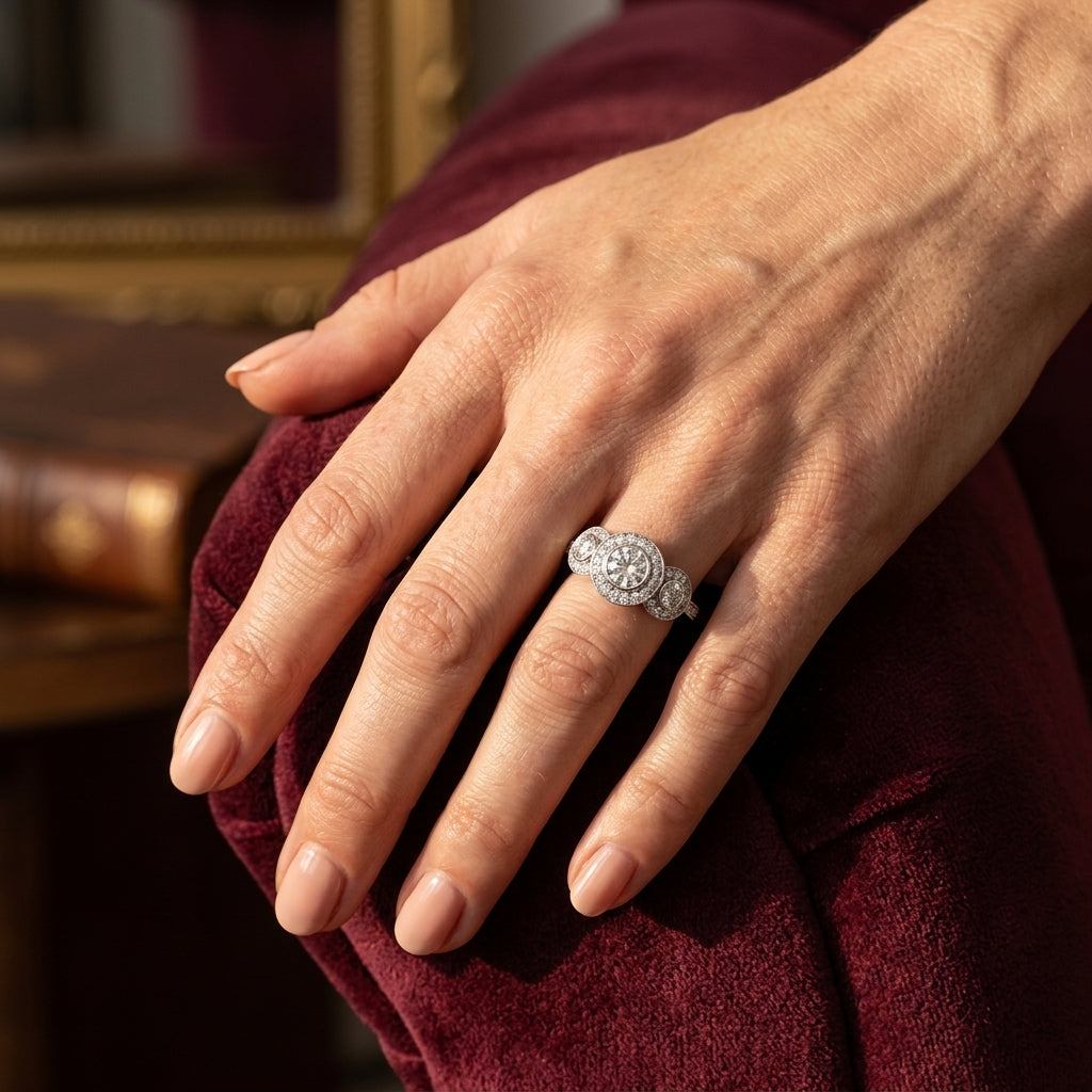 ENGAGEMENT RINGS 3 STONE ROUND - worn lifestyle photo