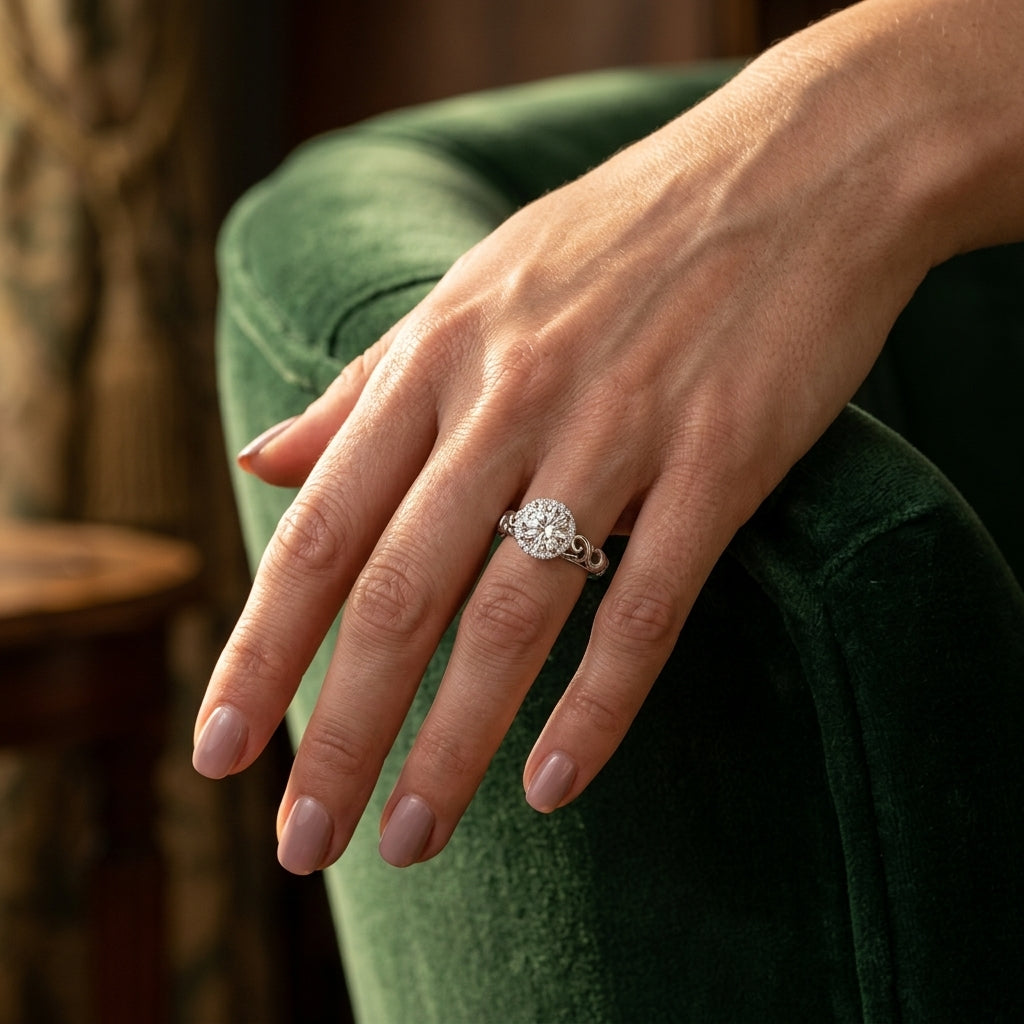 Solitaire Filigree Halo Engagement Ring - worn lifestyle photo