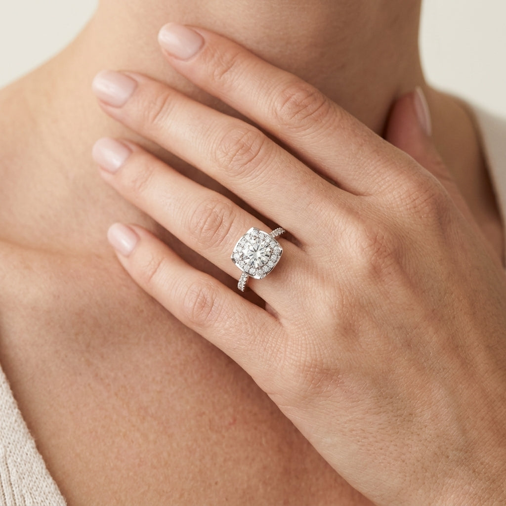 Single Row Halo Engagement Ring - worn lifestyle photo