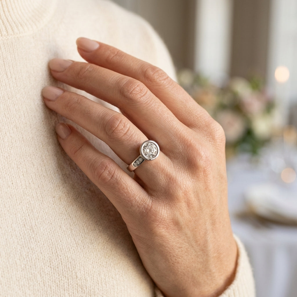 Single Row Channel Set Bezel Engagement Ring - worn lifestyle photo