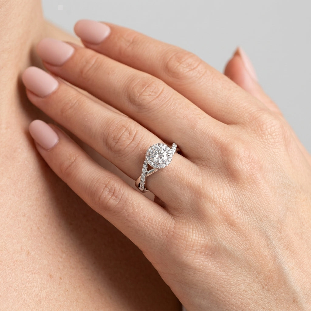 Bypass Twisted Shank Halo Engagement Rings - worn lifestyle photo