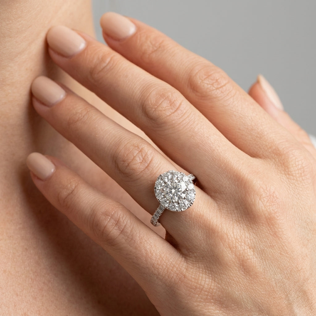 Single Row Halo Engagement Rings - worn lifestyle photo