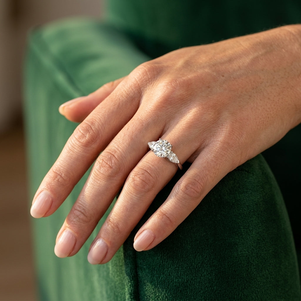 Pear Accent Three-Stone Engagement Ring - worn lifestyle photo