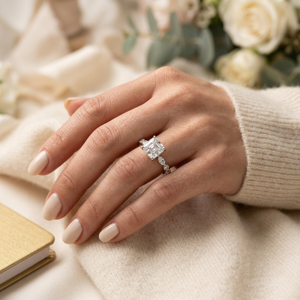 Alternating Round & Marquise Engagement Ring - worn lifestyle photo
