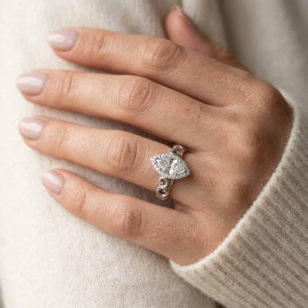 Solitaire Filigree Pear Shaped Engagement Rings - worn lifestyle photo