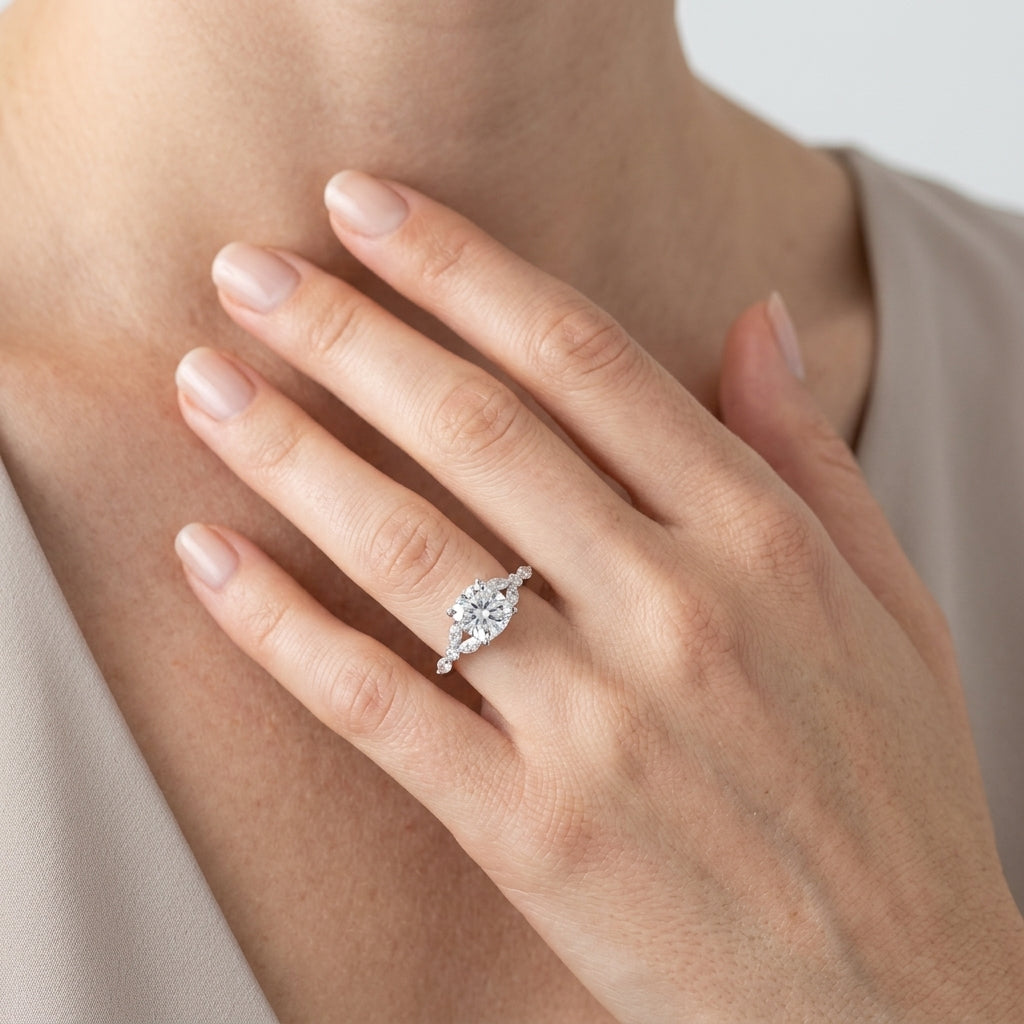 Alternating Marquise & Round Engagement Ring - worn lifestyle photo