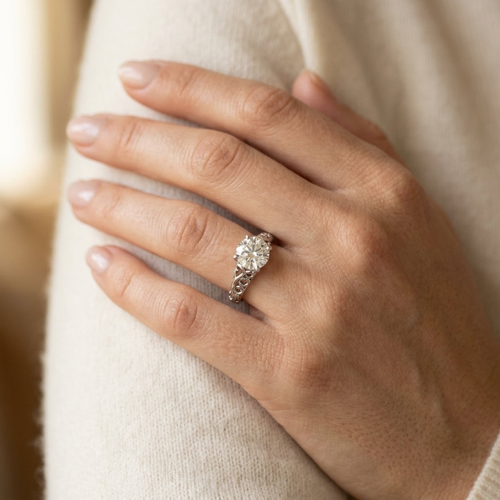Vintage Inspired Solitaire Engagement Ring - worn lifestyle photo