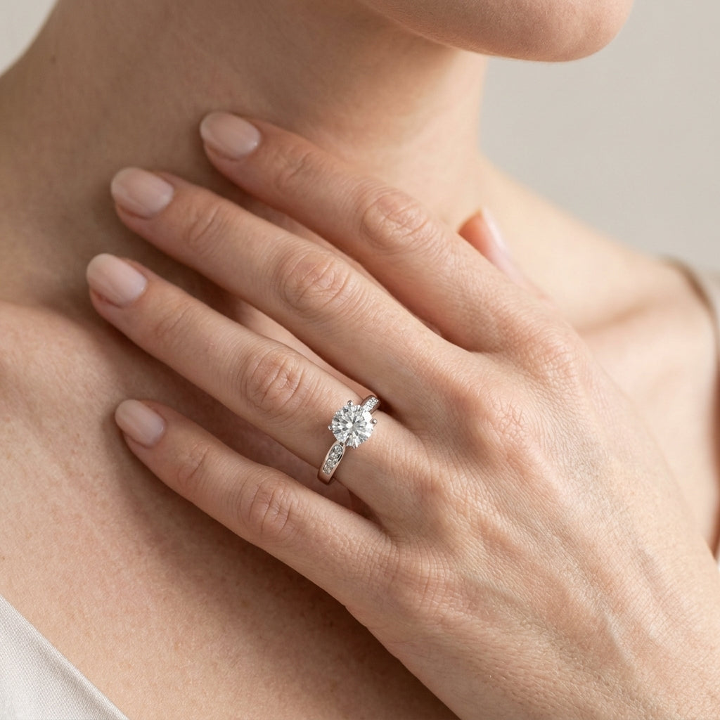 Channel Set Single Row Cathedral Engagement Ring - worn lifestyle photo