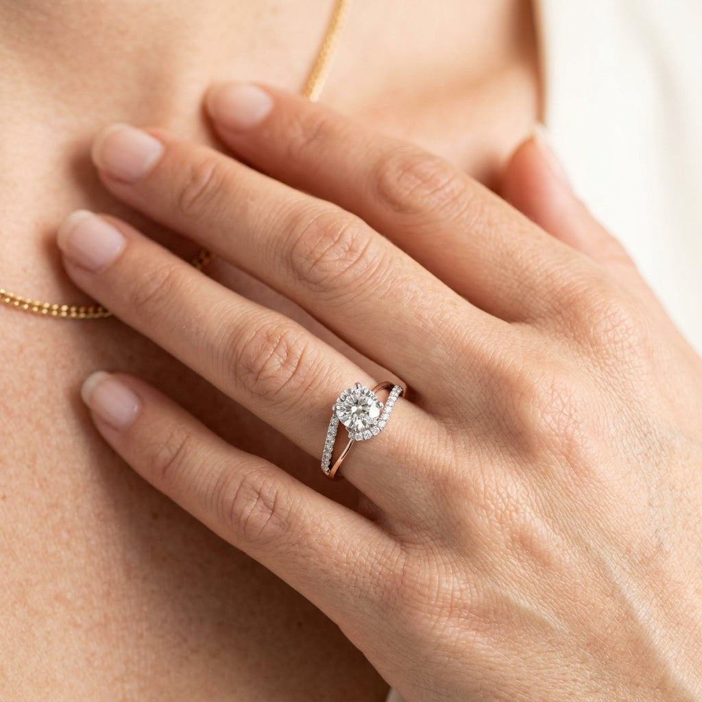 Bypass Split Shank Engagement Ring - worn lifestyle photo