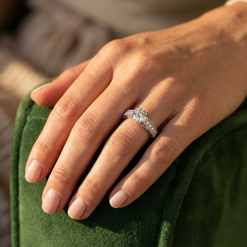 Vintage Inspired Engagement Ring - worn lifestyle photo