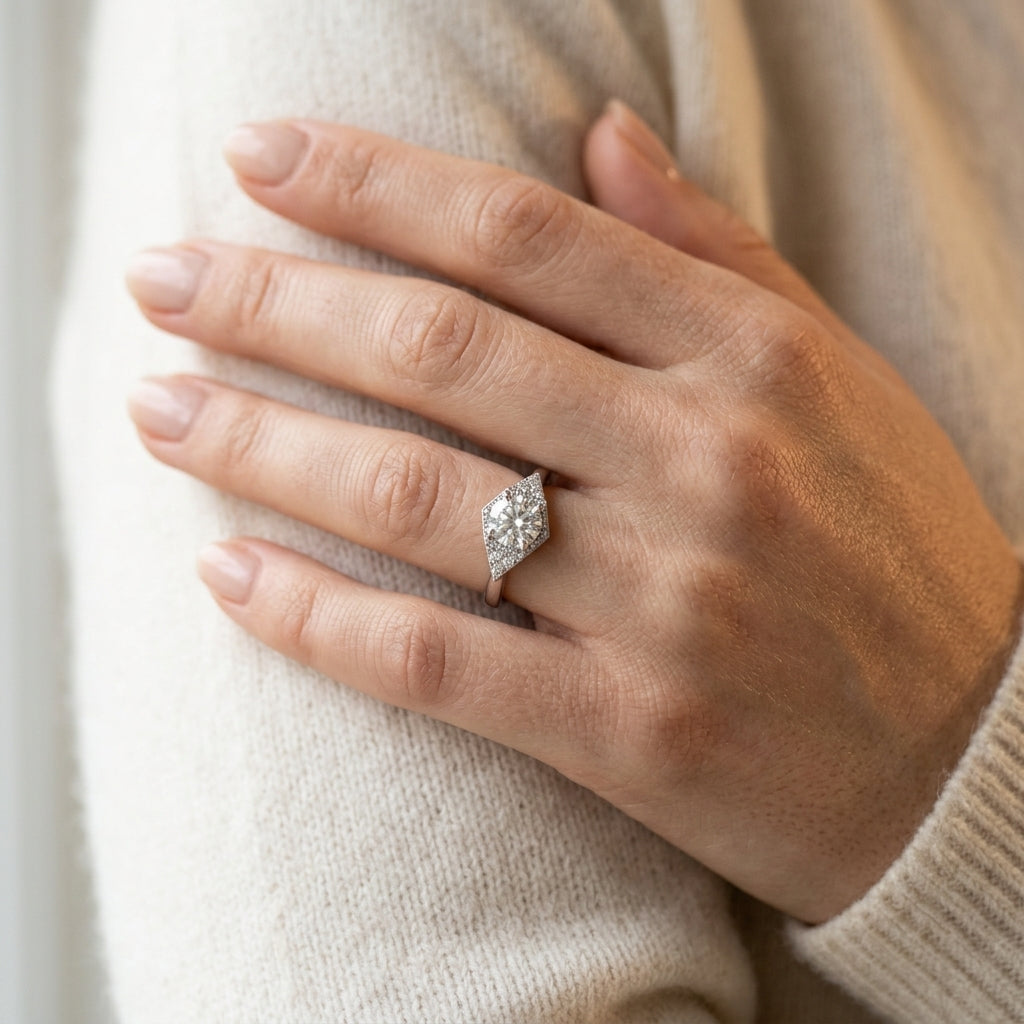 Round Hexagonal Shaped Engagement Ring - worn lifestyle photo