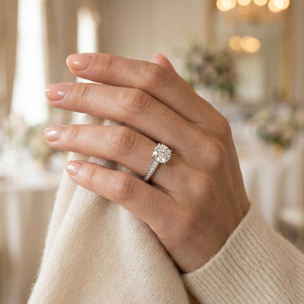 Single Row Channel Set Engagement Ring - worn lifestyle photo